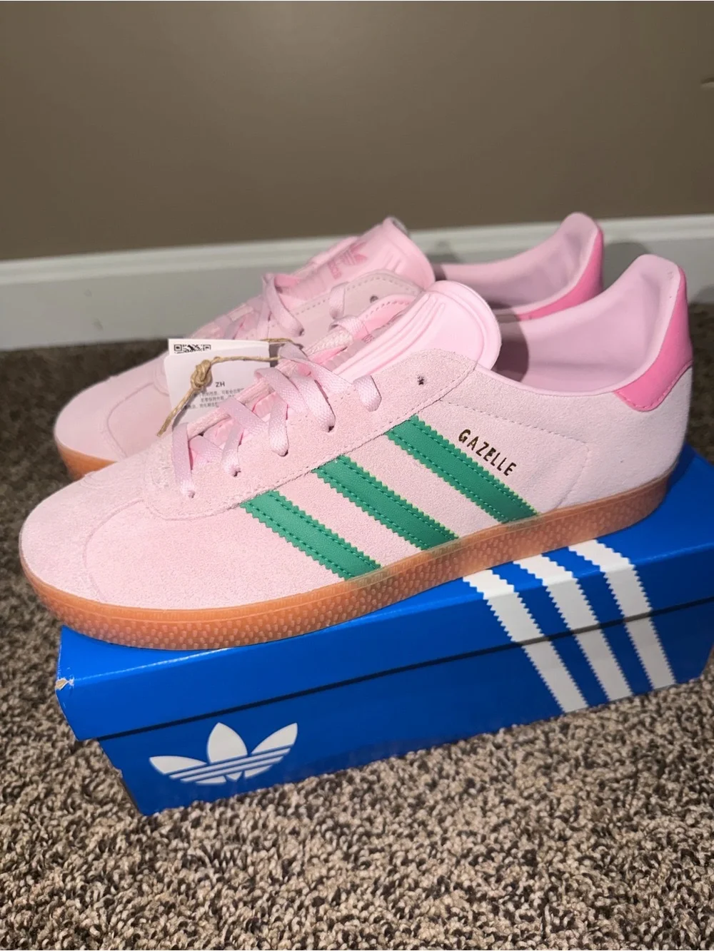 adidas Kids Pink Suede Sneakers with Green Stripes and Gum Sole